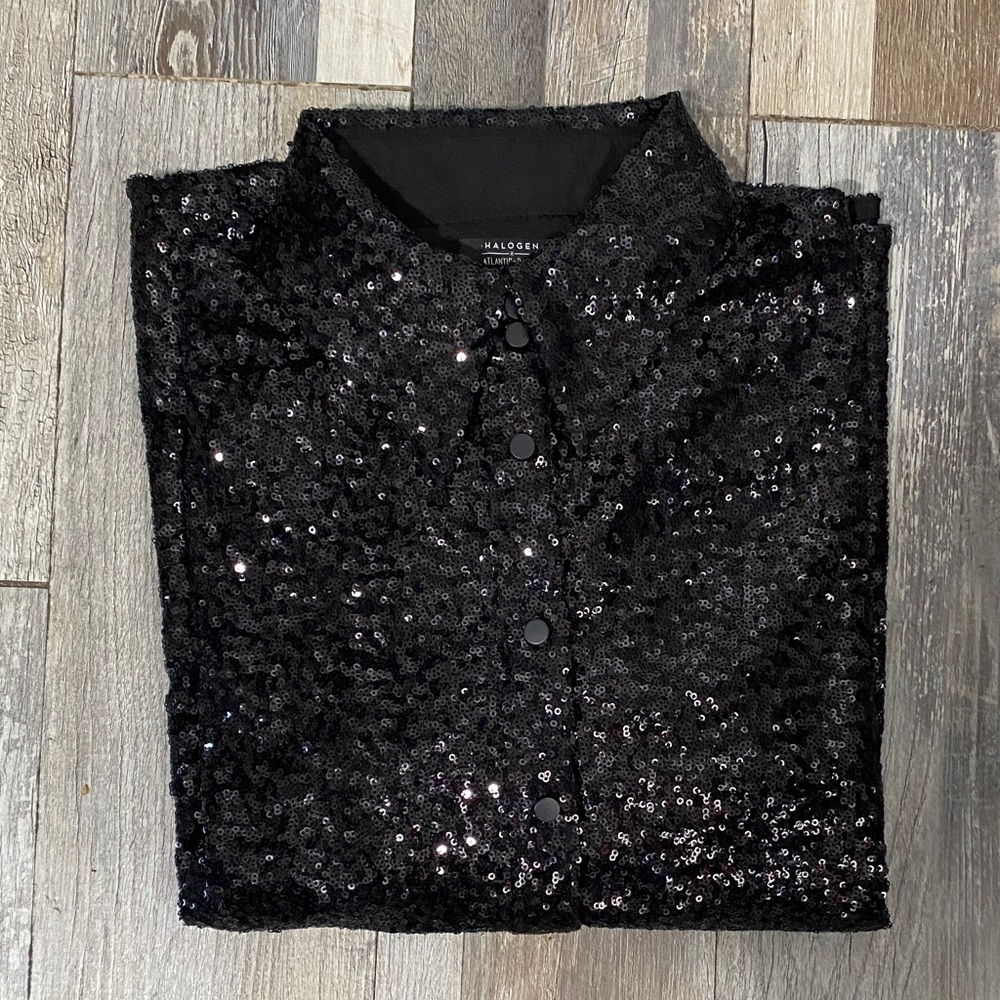 Halogen Black Sequin Button-Down Blouse NWT - image 4